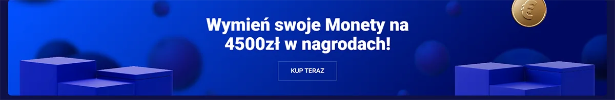Polish casino promotional banner inviting players to exchange their coins for rewards worth 4,500 PLN, featuring a blue abstract background and a “Buy now” call-to-action button.