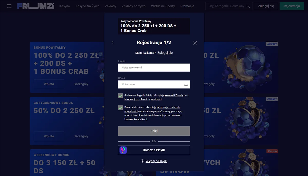 Frumzi casino registration popup in Polish showing step 1 of 2 sign-up with a welcome bonus of 100% up to 2,250 PLN plus 200 free spins and one Bonus Crab, including email and password fields, age and privacy consent checkboxes, a “Next” button, and an option to register with PlayID on a blue casino interface.